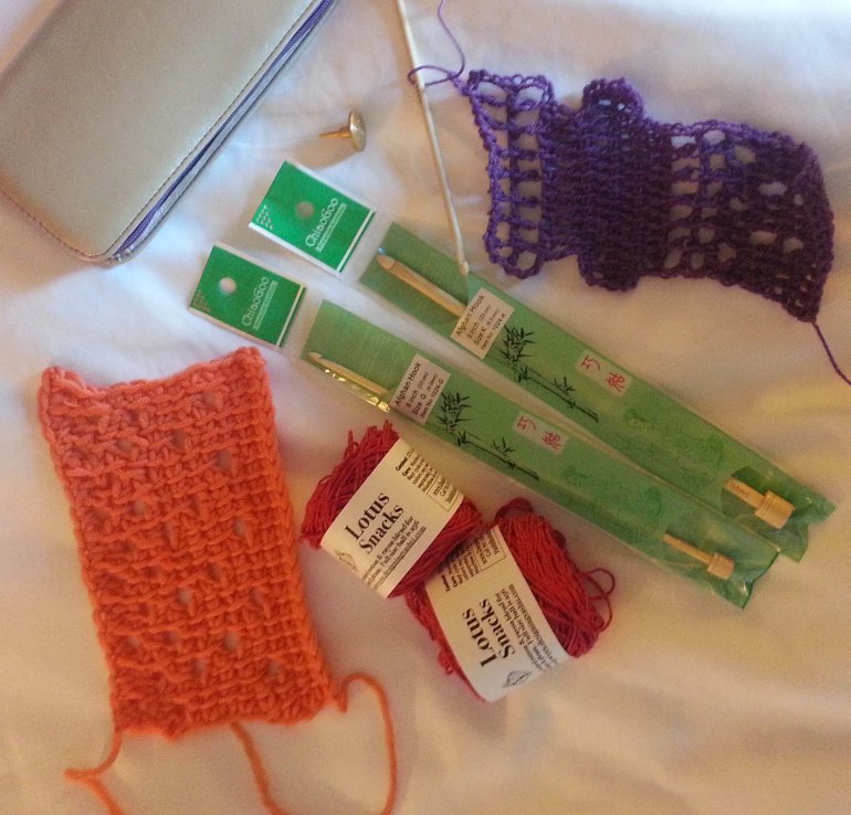 My Swatches, hooks and yarn from Vashti's class. 