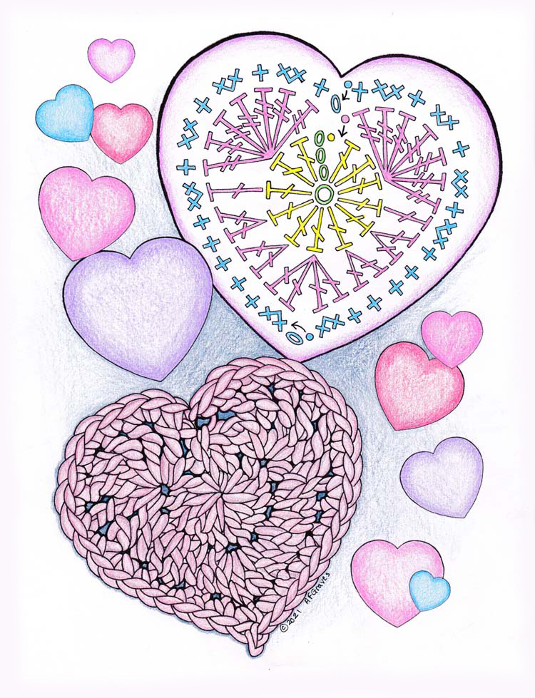 Coloring page of 2021 Happy Valentines colored with coloring pencils in pinks, purples and blues.