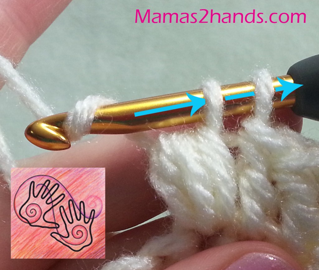 Image shows crochet hook with 2 loops on it (one loop is coming thru all the "puff" loops) and arrows showing the direction to pull a yarn-over thru the 2 loops.